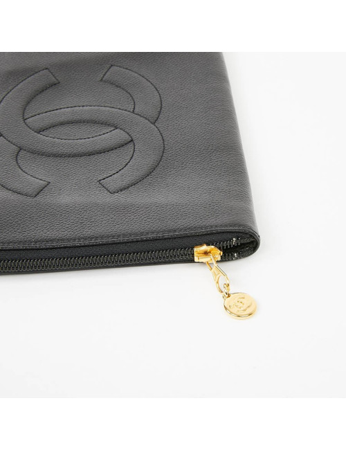 Pochette vintage CHANEL cuir grainé noir